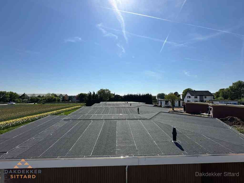 Groot plat dak met bitumen dakbedekking op bedrijfspand in Sittard
