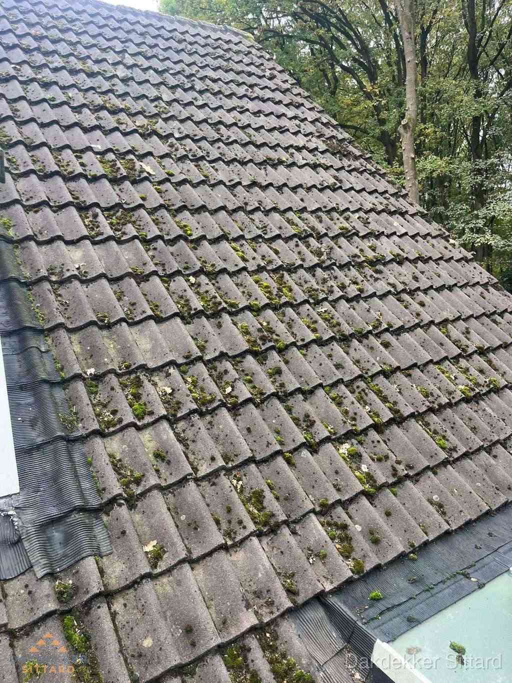 Verweerd pannendak met mosgroei dat renovatie nodig heeft in Sittard